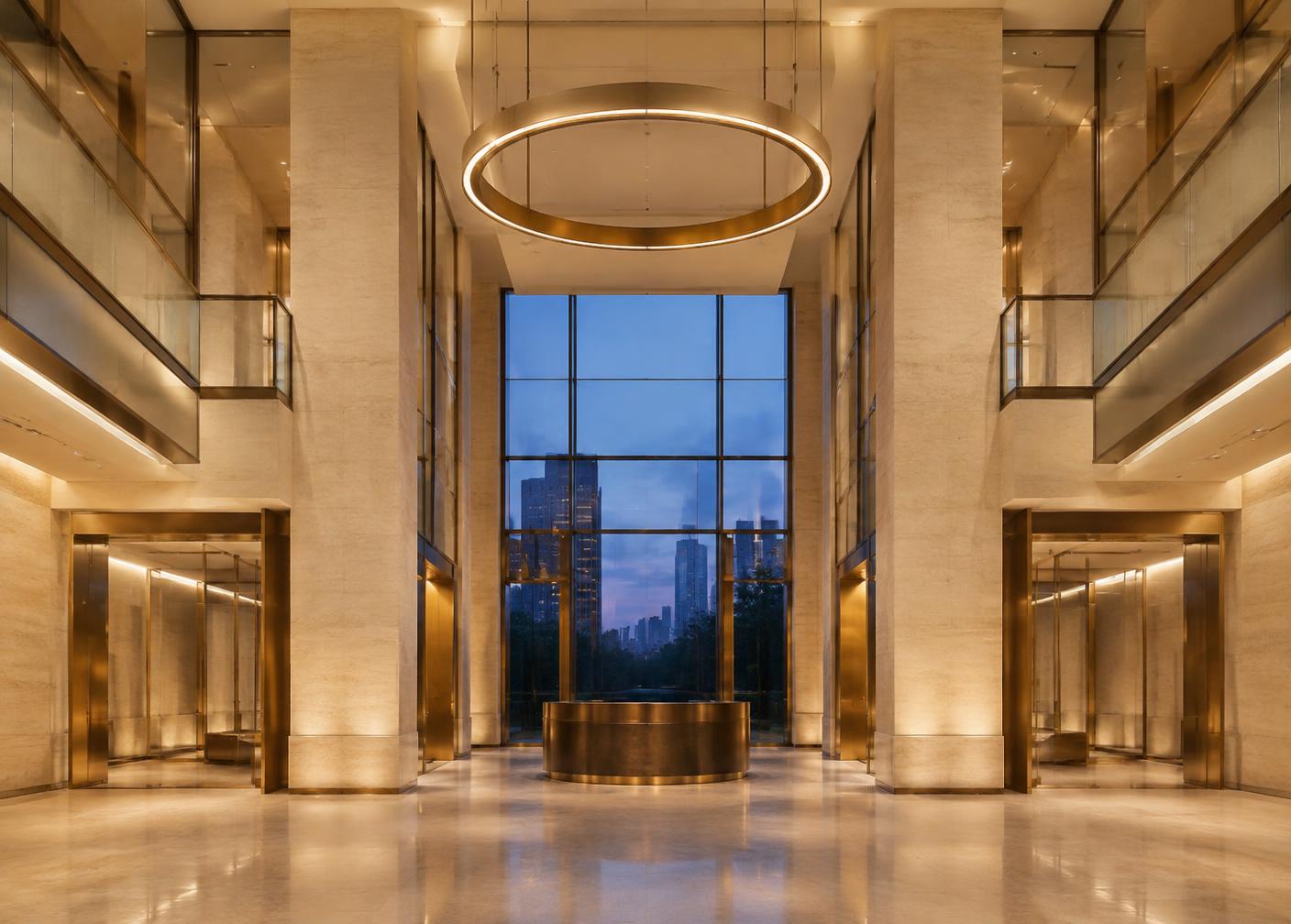 A calm stone and brass bank atrium at dusk