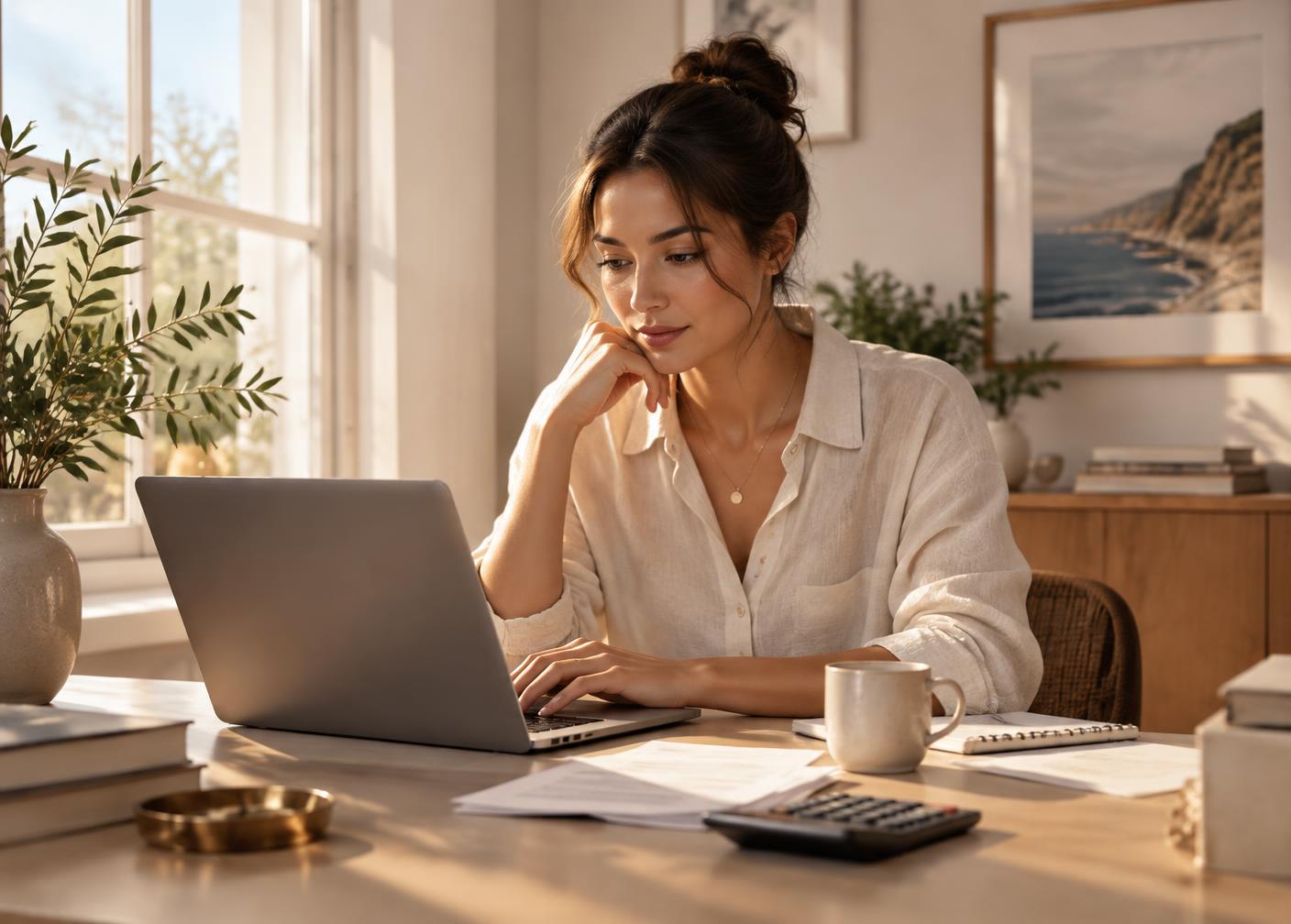 A person reviewing finances on a laptop at a sunlit desk